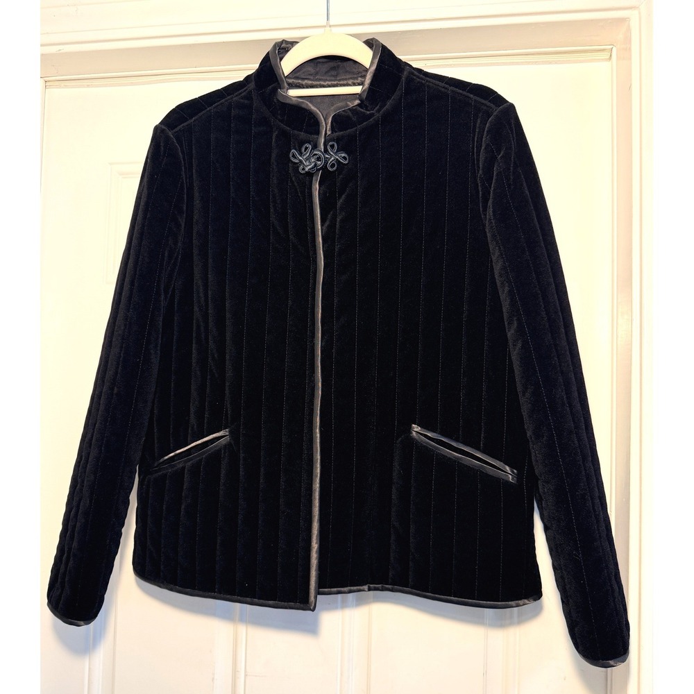Vintage Black Quilted Velvet Mandarin Jacket Vegaski Madrid Frog Closure L